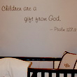 Children are a Gift from God - a bible verse wall decal on a lavender wall above the crib in a Baby's Room.